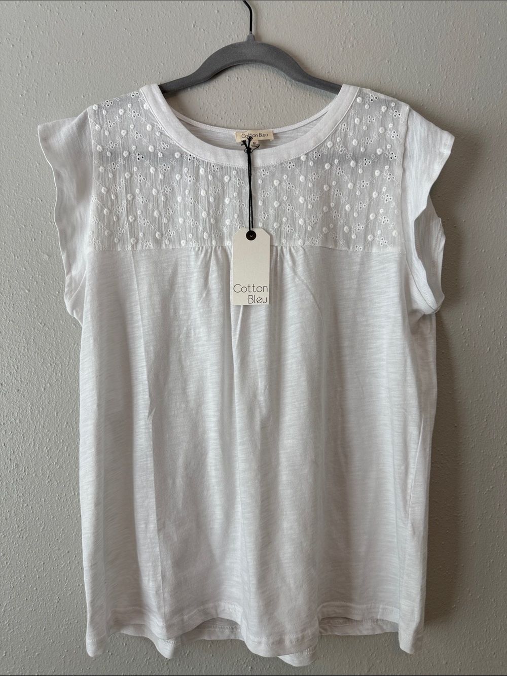 Cotton Bleu White Embroidered Yoke Cap Sleeve Blouse
